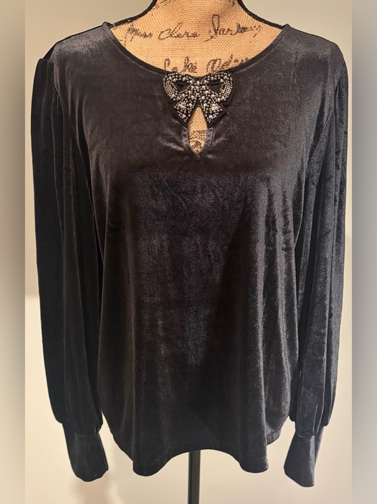 LOFT Tops - NWT LOFT Velvet Top Sz Large Black Beaded Bow Puff Sleeve Holiday Party Blouse